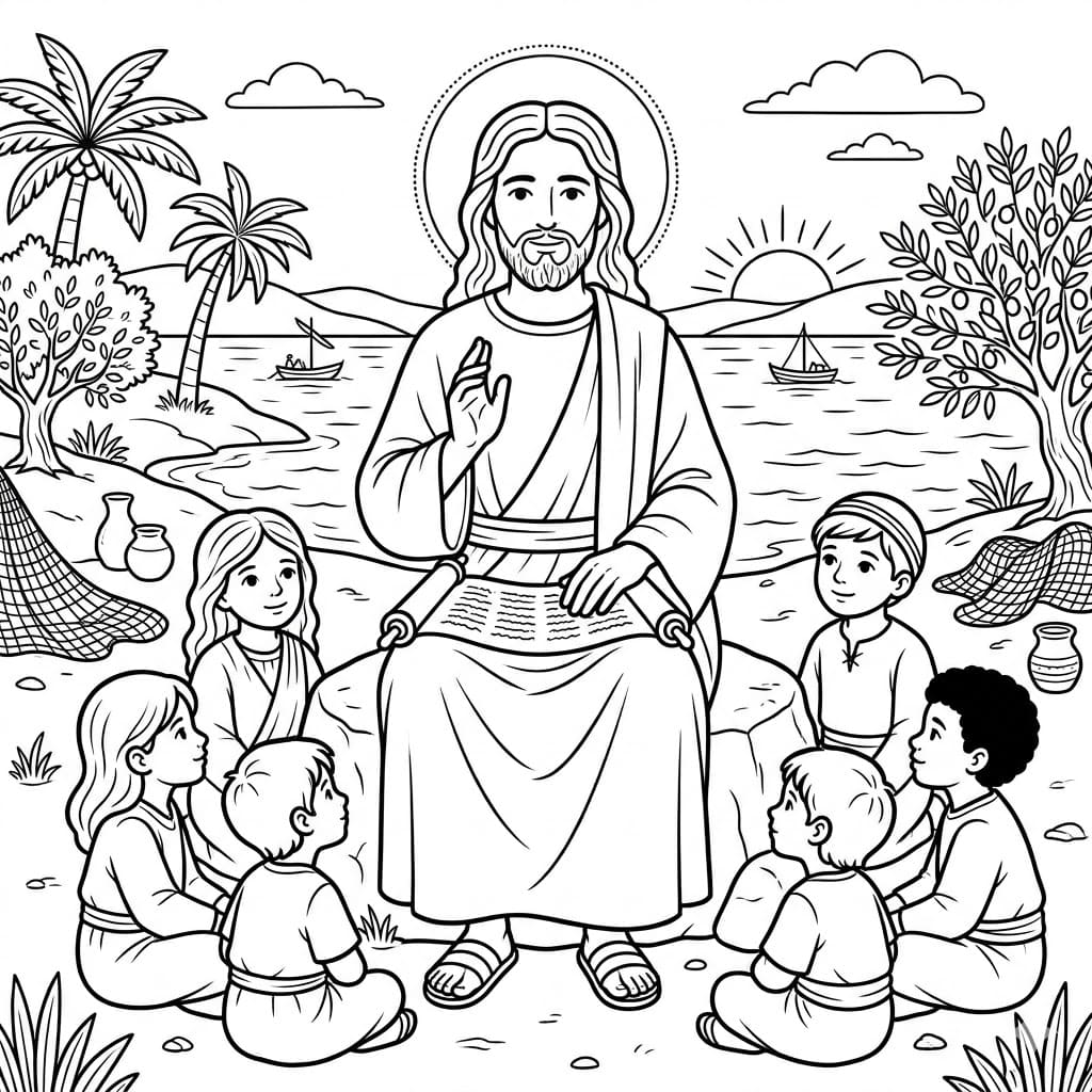 يسوع يجلس مع الأطفال تلوين