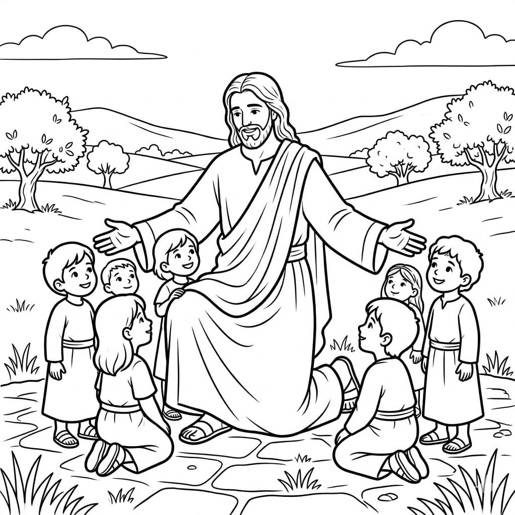 يسوع مع الأطفال بفرح تلوين