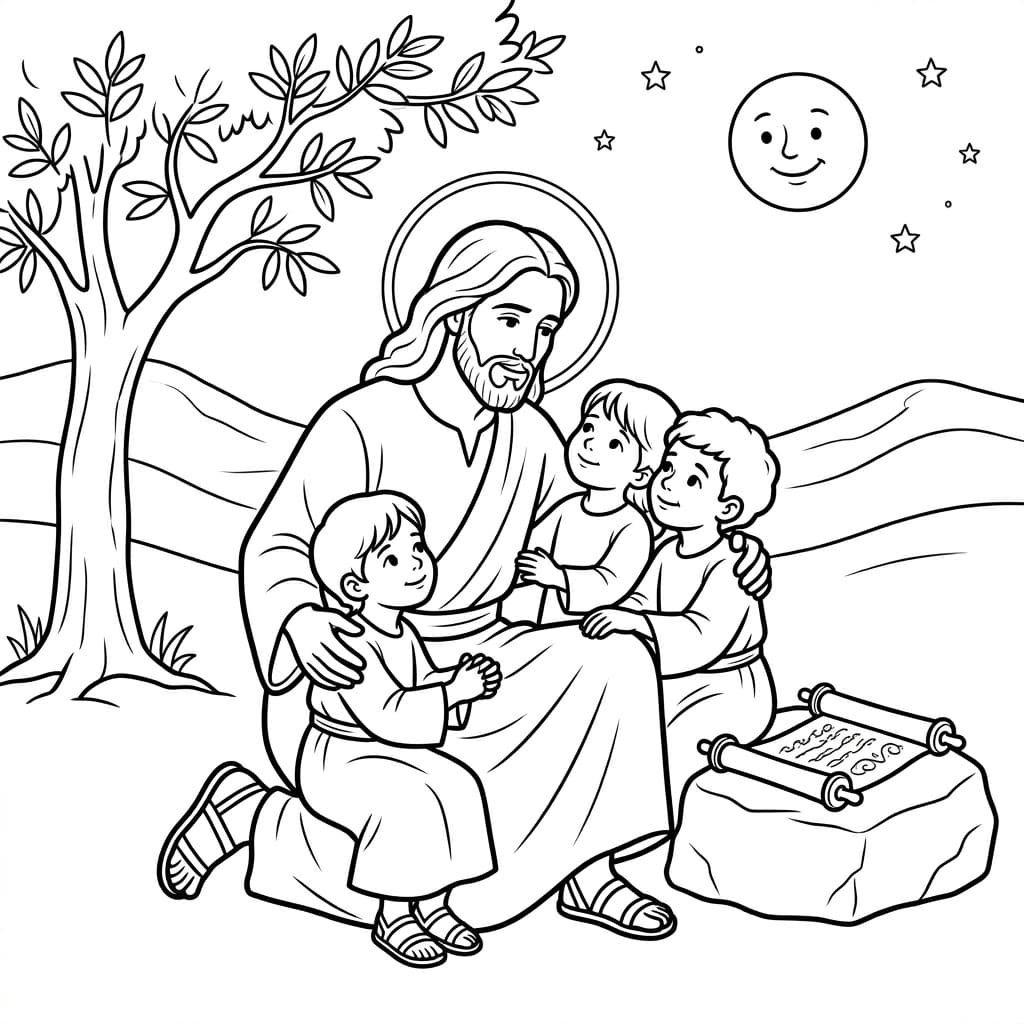 يسوع مع ثلاثة أطفال تلوين