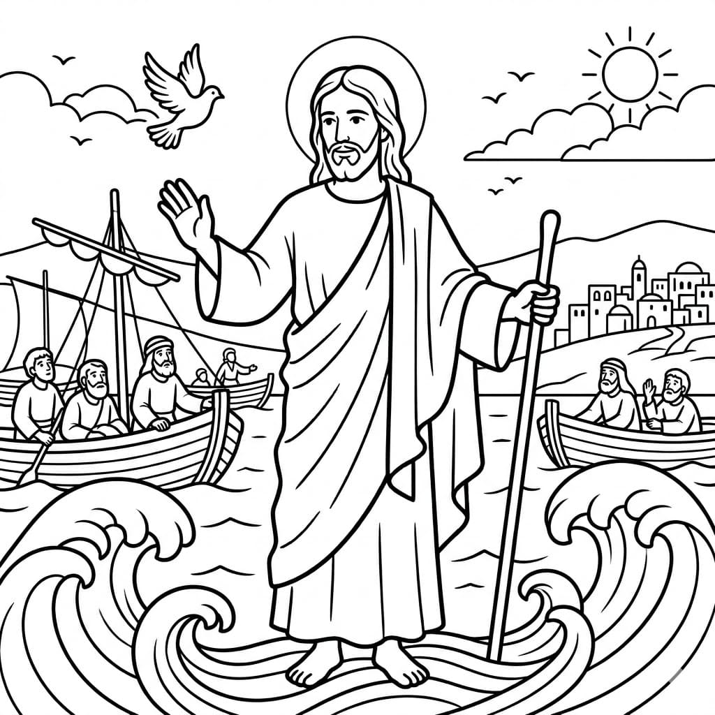 يسوع يمشي على الماء تلوين