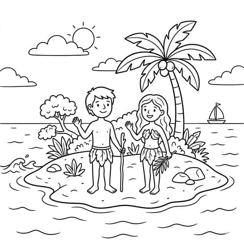 آدم وحواء على الجزيرة تلوين