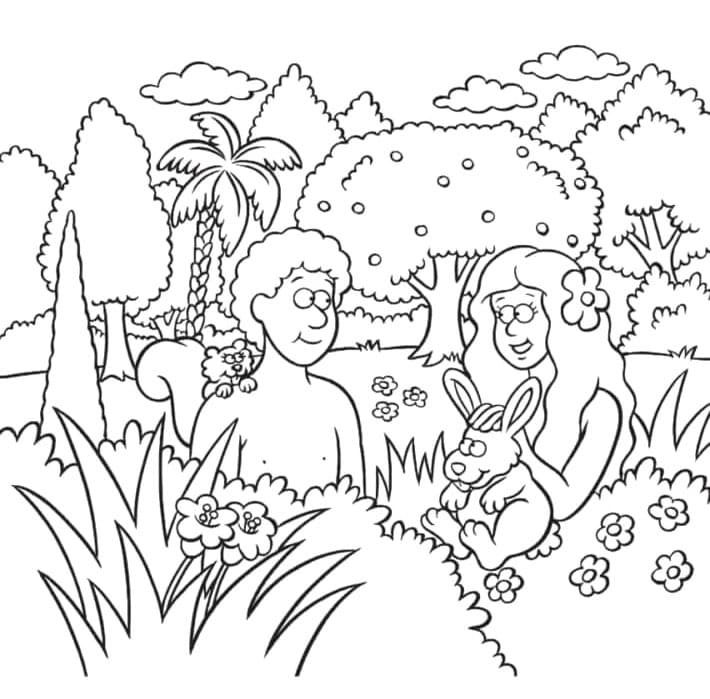 آدم وحواء يلعبان مع الحيوانات تلوين