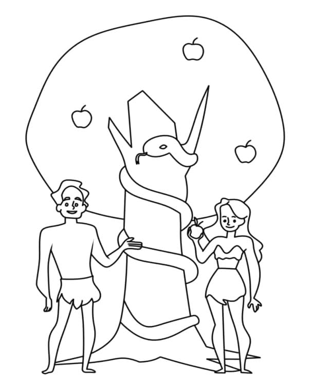 آدم وحواء مع شجرة وثعبان تلوين