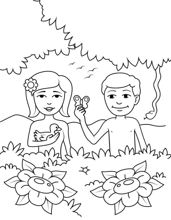 آدم وحواء مع الزهور تلوين