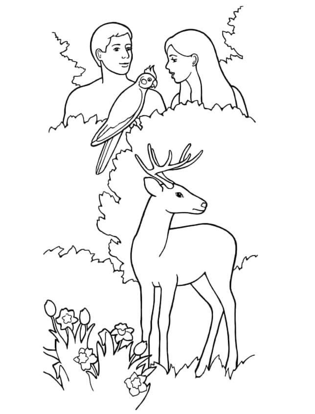 آدم وحواء يختبئان في الأدغال تلوين