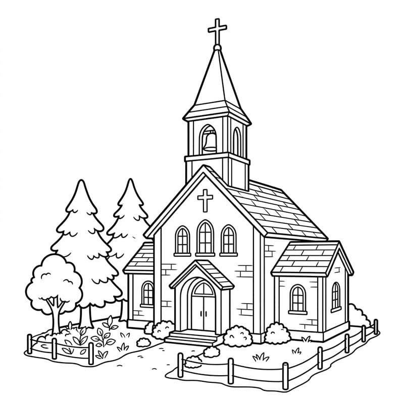 الكنيسة بين الأشجار تلوين