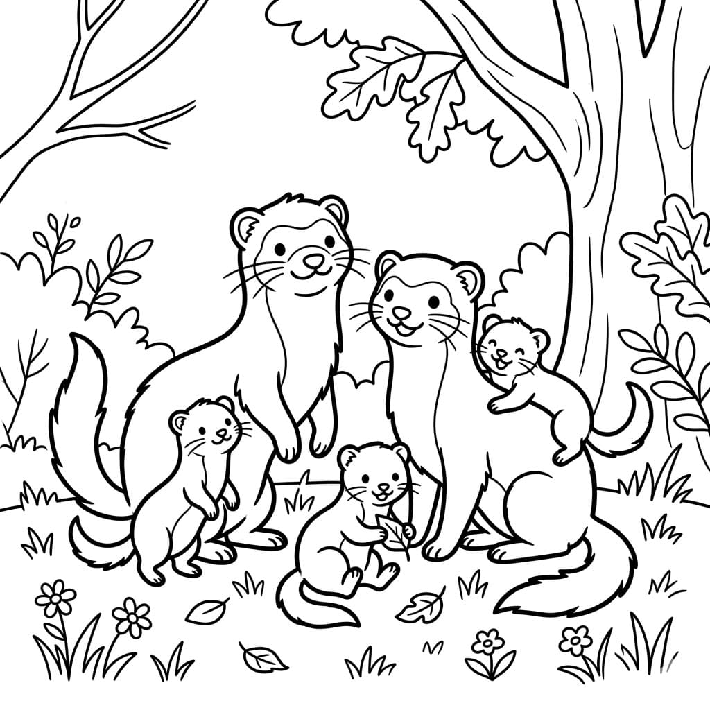 عائلة من حيوان السمور في الغابة تلوين