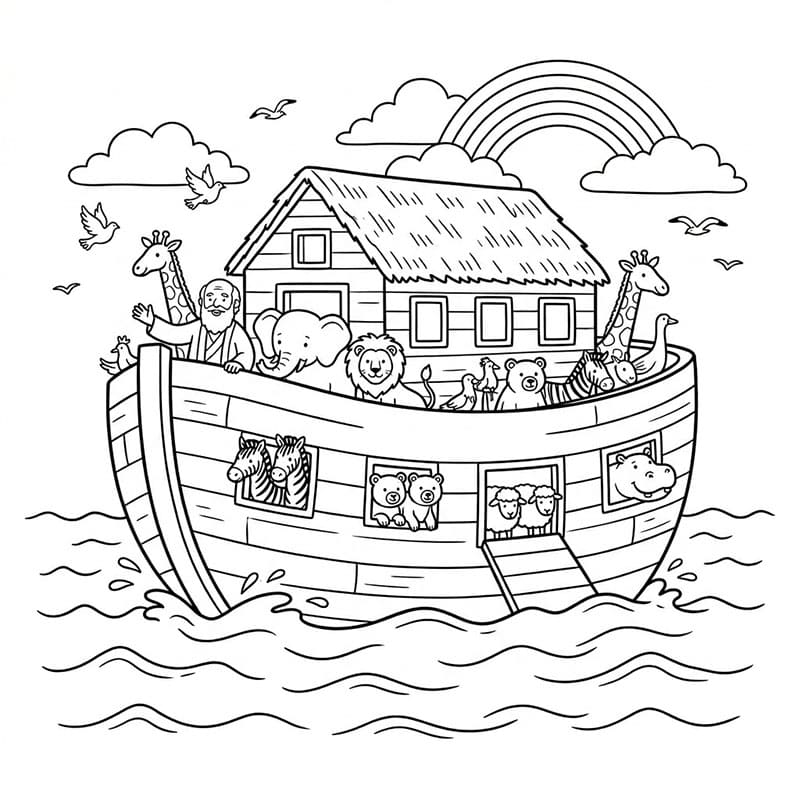سفينة نوح تحت المطر وقوس قزح تلوين