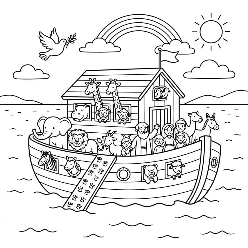 صعود الحيوانات إلى سفينة نوح تلوين