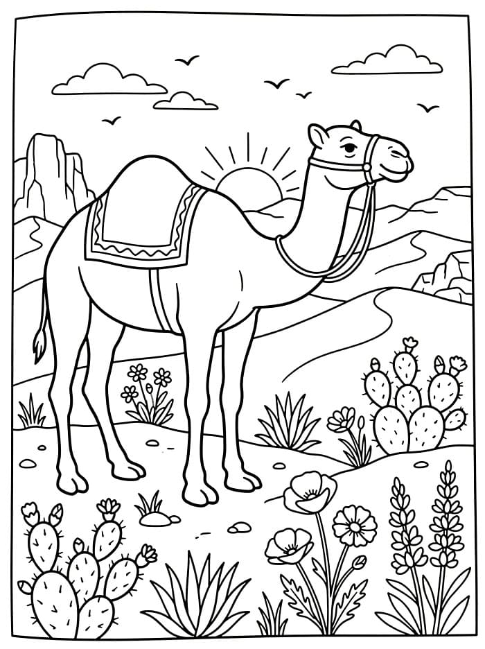 الجمل العربي بالقرب من أزهار الصحراء تلوين