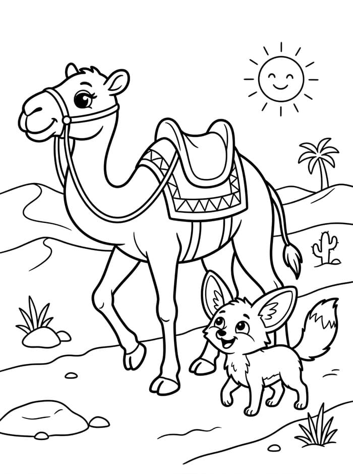 الجمل العربي مع الثعلب تلوين