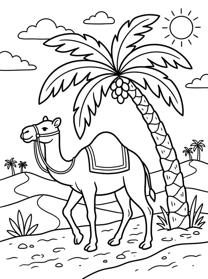 الجمل العربي وشجرة النخيل تلوين