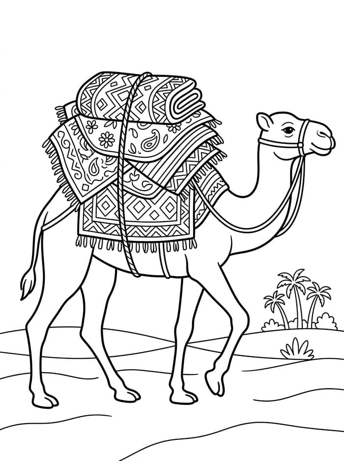 الجمل العربي يحمل سجادًا ملونًا تلوين
