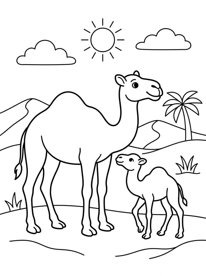 الأم وصغير الجمل العربي تلوين